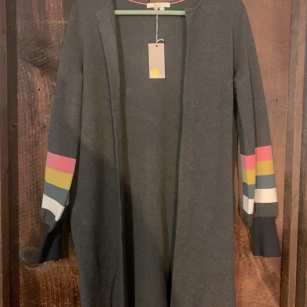 Boden NWT gray cardigan with stripe sleeves US 8